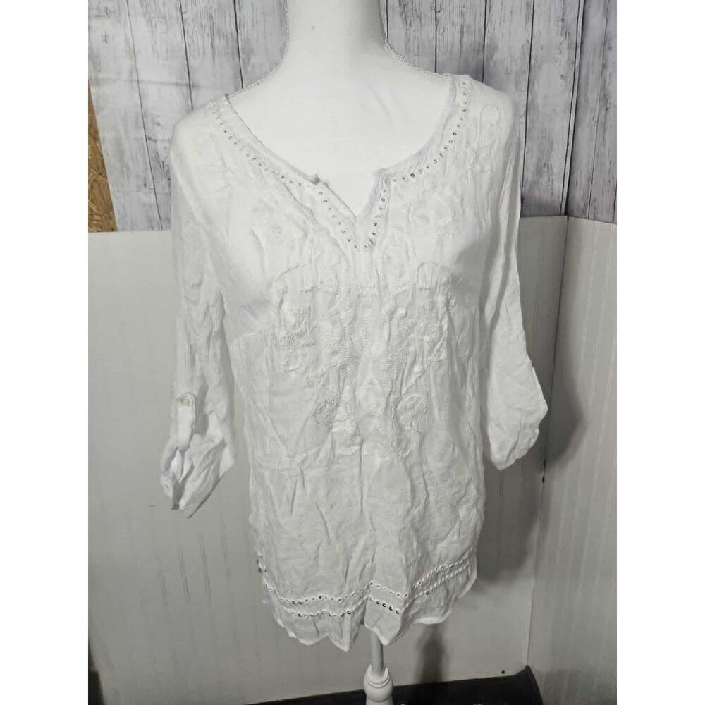 AB Studio White Embroidered Boho Tunic Top Size Large